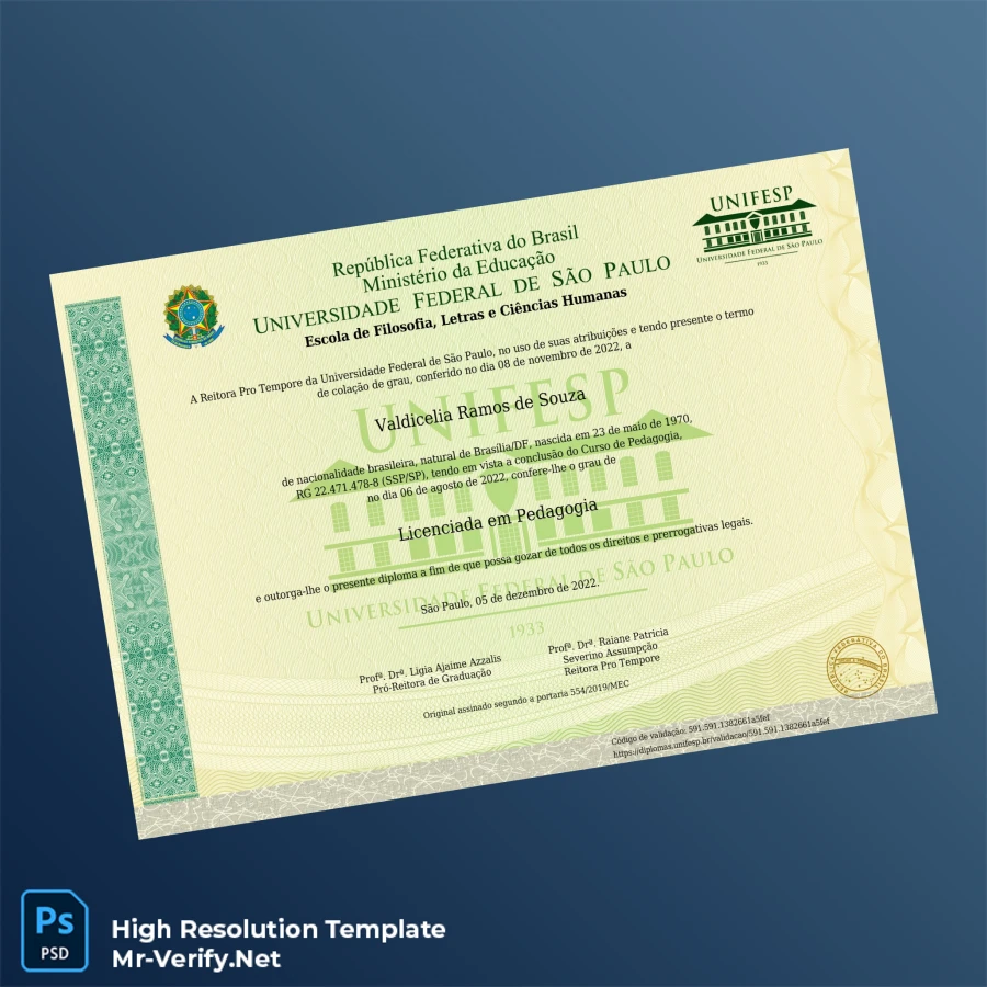 Brazil Federal University of São Paulo Licentiate in Pedagogy Diploma Printable Brazil Federal University of São Paulo Licentiate in Pedagogy Diploma Image Preview - PrintDocs