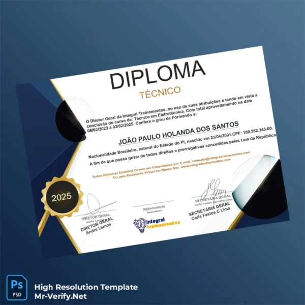 Printable Brazil Integral Treinamentos Technical Diploma in Electrotechnics Template Image Preview - PrintDocs