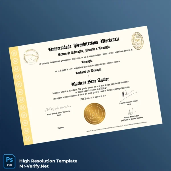 Printable Brazil Presbyterian Mackenzie University Bachelor of Theology Certificate Image Preview - PrintDocs