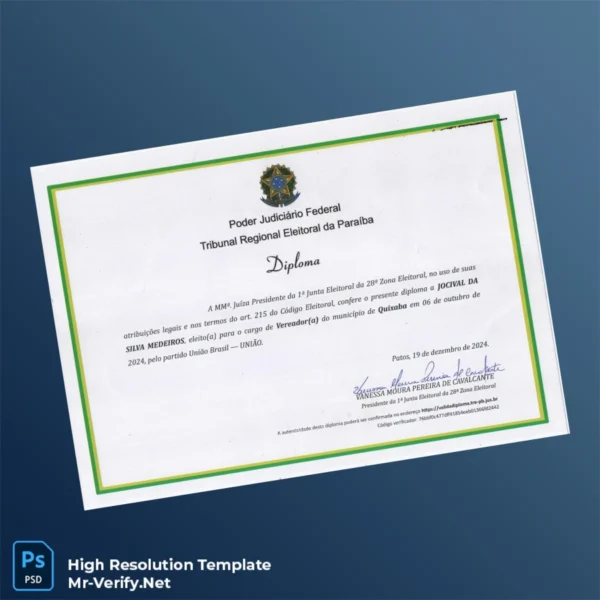 Printable Brazil Tribunal Regional Eleitoral da Paraíba Diploma Certificate Image Preview - PrintDocs