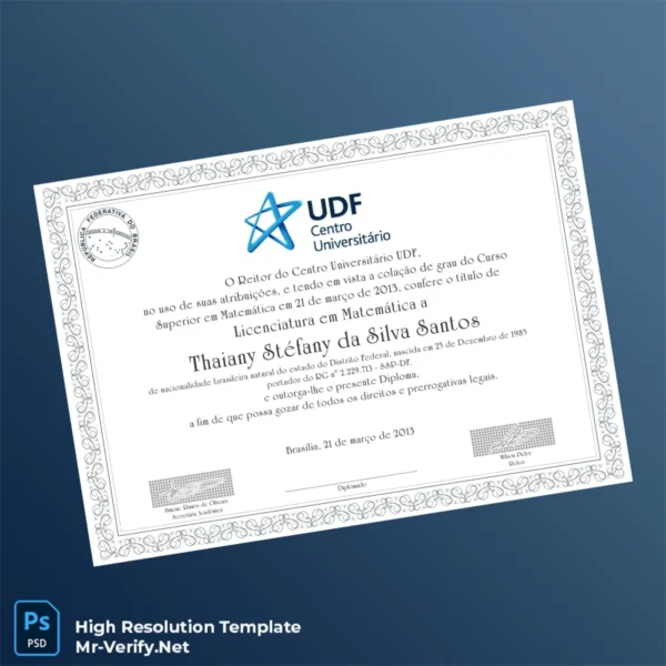 Printable Brazil UDF University Diploma Template Image Preview - PrintDocs
