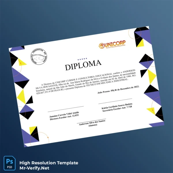 Brazil UNICORP CURSOS E CONSULTORIA EDUCACIONAL Diploma in Industrial Mechanics Template Printable Brazil UNICORP CURSOS E CONSULTORIA EDUCACIONAL Diploma in Industrial Mechanics Template Image Preview - PrintDocs