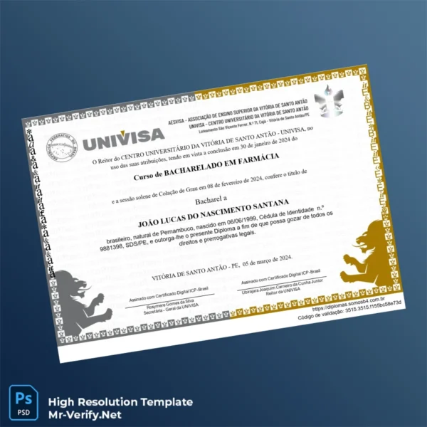 Brazil UNIVISA Bachelor of Pharmacy Degree Template Printable Brazil UNIVISA Bachelor of Pharmacy Degree Template Image Preview - PrintDocs