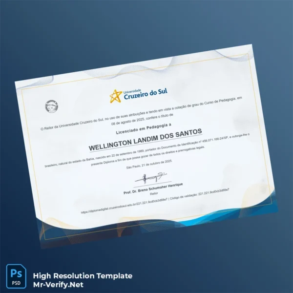 Printable Brazil Universidade Cruzeiro do Sul Bachelor's Degree in Pedagogy Template Image Preview - PrintDocs