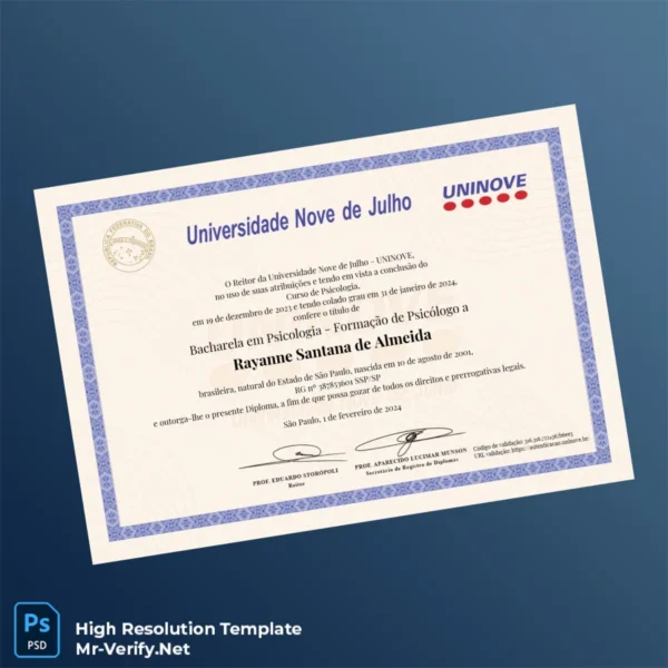 Printable Brazil Universidade Nove de Julho Bachelor of Psychology Template Image Preview - PrintDocs