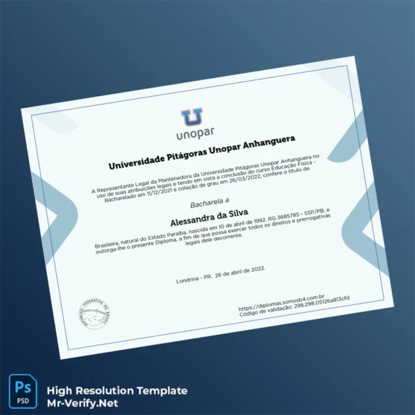 Printable Brazil Universidade Pitágoras Unopar Anhanguera Bachelor of Physical Education Diploma Image Preview - PrintDocs