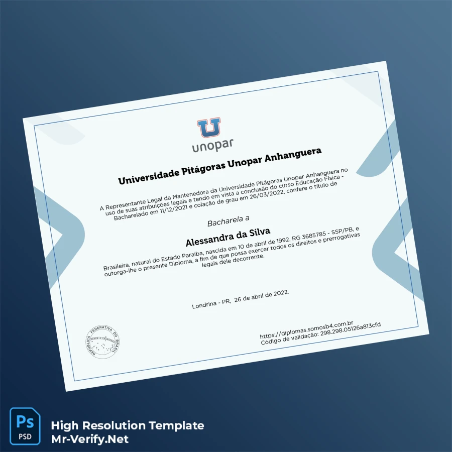 Brazil Universidade Pitágoras Unopar Anhanguera Bachelor of Physical Education Template Printable Brazil Universidade Pitágoras Unopar Anhanguera Bachelor of Physical Education Template Image Preview - PrintDocs