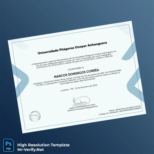 Brazil Universidade Pitágoras Unopar Bachelor of Education Degree Certificate Printable Brazil Universidade Pitágoras Unopar Bachelor of Education Degree Certificate Image Preview - PrintDocs