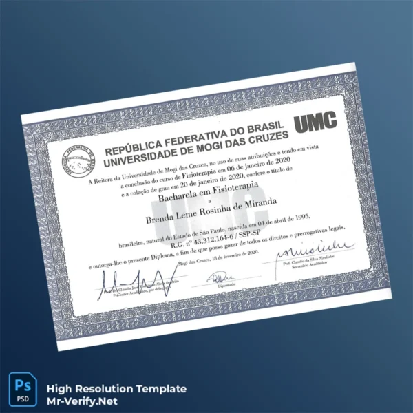 Brazil Universidade de Mogi das Cruzes Bachelor of Science in Physiotherapy Diploma Template Printable Brazil Universidade de Mogi das Cruzes Bachelor of Science in Physiotherapy Diploma Template Image Preview - PrintDocs