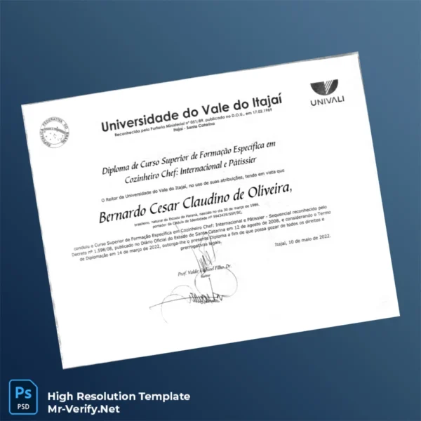 Printable Brazil Universidade do Vale do Itajaí Bachelor of Culinary Arts Chef Diploma Image Preview - PrintDocs