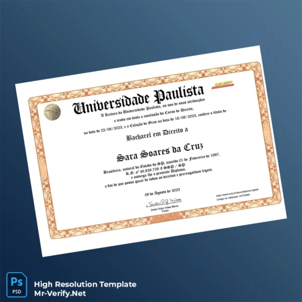 Printable Brazil University Paulista Bachelor of Law Template Image Preview - PrintDocs