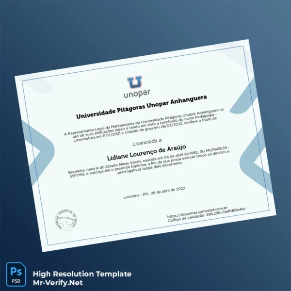 Brazil University Pitágoras Unopar Anhanguera Bachelor of Education Diploma Printable Brazil University Pitágoras Unopar Anhanguera Bachelor of Education Diploma Image Preview - PrintDocs