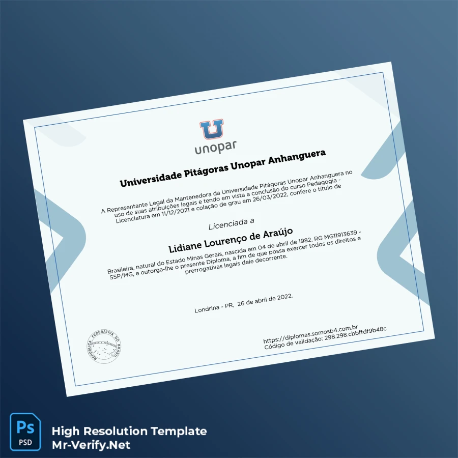Brazil University Pitágoras Unopar Anhanguera Bachelor of Education Diploma Printable Brazil University Pitágoras Unopar Anhanguera Bachelor of Education Diploma Image Preview - PrintDocs