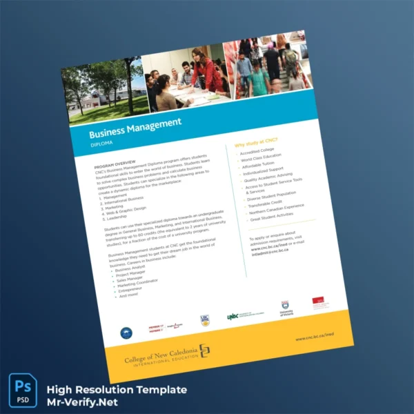 Printable Canada College of New Caledonia Business Management Diploma Template Image Preview - PrintDocs