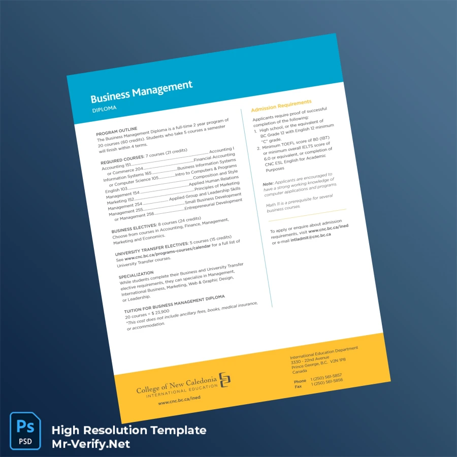 Canada College of New Caledonia Business Management Diploma Template-page2 Printable Canada College of New Caledonia Business Management Diploma Template page 2 Image Preview - PrintDocs