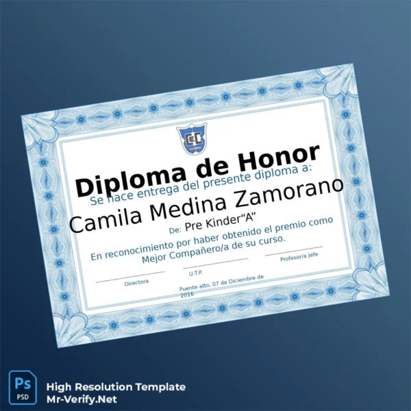 Chile Puente Alto School Honor Diploma Template Printable Chile Puente Alto School Honor Diploma Template Image Preview - PrintDocs