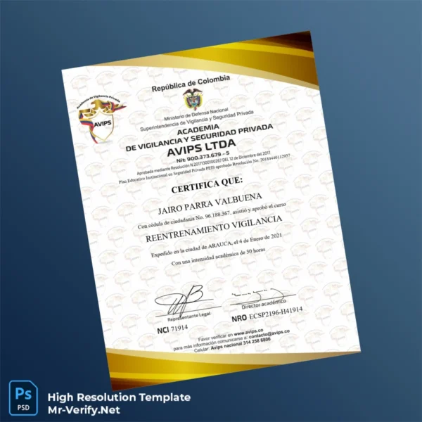 Colombia AVIPS LTDA Certificate of Completion in Surveillance Training Printable Colombia AVIPS LTDA Certificate of Completion in Surveillance Training Image Preview - PrintDocs