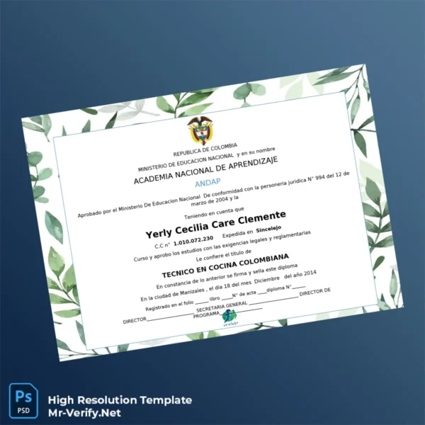 Printable Colombia Academia Nacional de Aprendizaje Technician in Colombian Cuisine Diploma Image Preview - PrintDocs