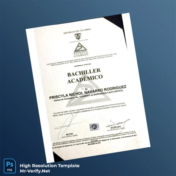 Printable Colombia Barranquilla Technical High School Academic Bachelor Diploma Template Image Preview - PrintDocs