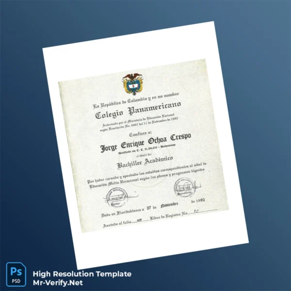 Printable Colombia Colegio Panamericano Bachelor Certificate Image Preview - PrintDocs
