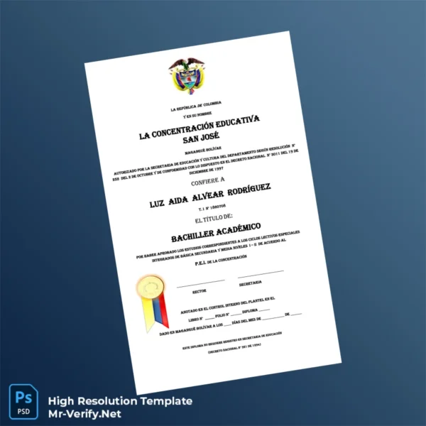 Colombia Concentración Educativa San José Academic Bachelor Diploma Printable Colombia Concentración Educativa San José Academic Bachelor Diploma Image Preview - PrintDocs