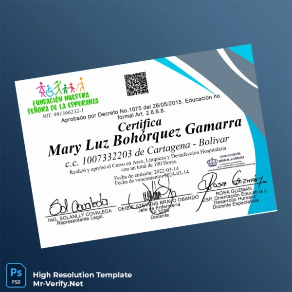 Colombia Fundación Nuestra Señora de la Esperanza Hospital Cleaning Certificate Printable Colombia Fundación Nuestra Señora de la Esperanza Hospital Cleaning Certificate Image Preview - PrintDocs