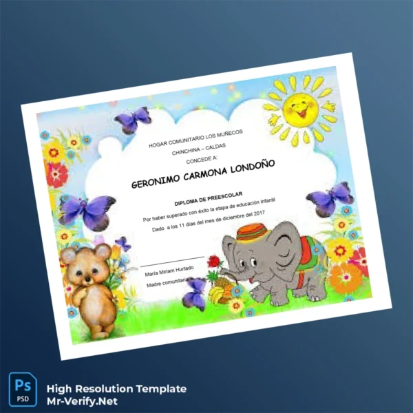 Printable Colombia Hogar Comunitario Los Muñecos Preschool Diploma Template Image Preview - PrintDocs