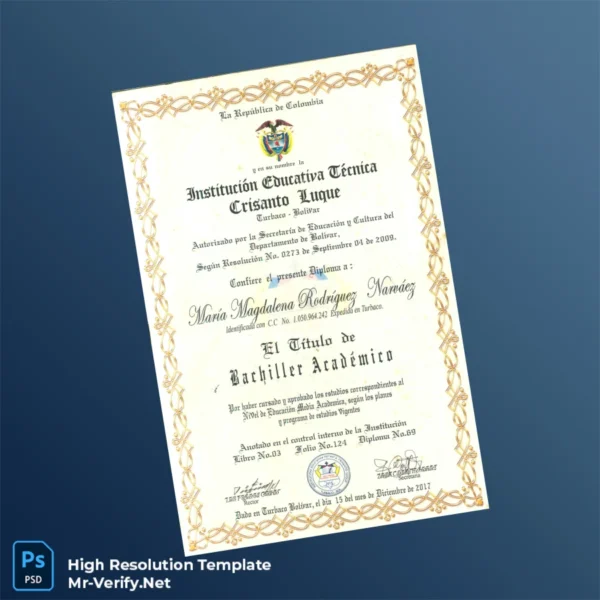 Printable Colombia Institución Educativa Técnica Crisanto Luque High School Diploma Image Preview - PrintDocs