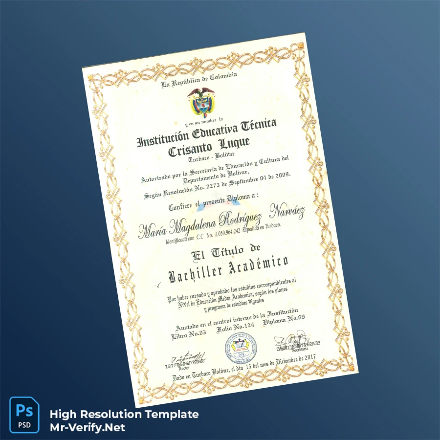 Colombia Institución Educativa Técnica Crisanto Luque High School Diploma Printable Colombia Institución Educativa Técnica Crisanto Luque High School Diploma Image Preview - PrintDocs