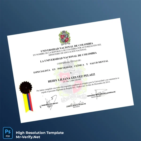 Printable Colombia National University Specialist in Clinical Psychology and Mental Health Diploma Image Preview - PrintDocs