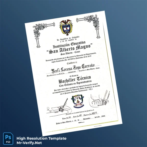 Printable Colombia San Alberto Magno Technical High School Diploma Image Preview - PrintDocs