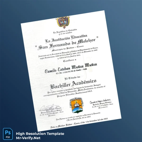 Colombia San Fernando de Melchor High School Academic Bachelor Diploma Template Printable Colombia San Fernando de Melchor High School Academic Bachelor Diploma Template Image Preview - PrintDocs