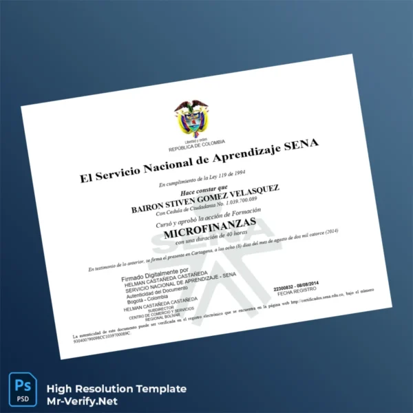Printable Colombia Servicio Nacional de Aprendizaje SENA Microfinance Diploma Image Preview - PrintDocs