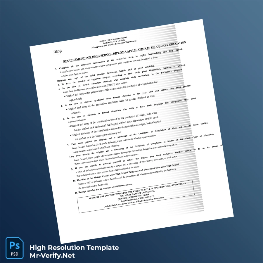 Costa Rica Ministry of Public Education High School Diploma-page2 Printable Costa Rica Ministry of Public Education High School Diploma page 2 Image Preview - PrintDocs