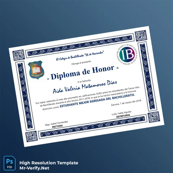 Ecuador Colegio de Bachillerato _26 de Noviembre_ Honorable Diploma Certificate Printable Ecuador Colegio de Bachillerato _26 de Noviembre_ Honorable Diploma Certificate Image Preview - PrintDocs