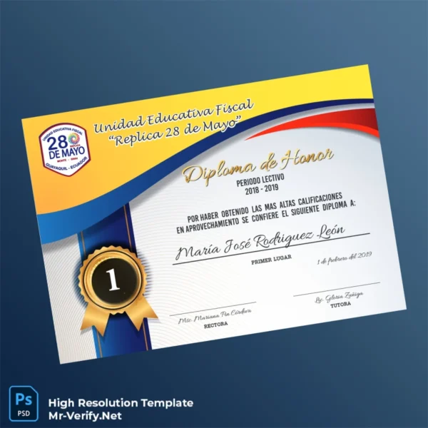 Printable Ecuador Unidad Educativa Fiscal Replica 28 de Mayo Honor Diploma Image Preview - PrintDocs