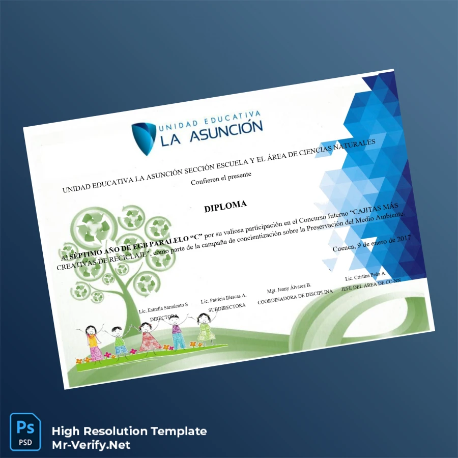 Ecuador Unidad Educativa La Asunción Diploma for Participation in Recycling Contest EGB 7C Printable Ecuador Unidad Educativa La Asunción Diploma for Participation in Recycling Contest EGB 7C Image Preview - PrintDocs