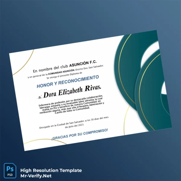 El Salvador Asuncion F.C. Honor and Recognition Diploma Printable El Salvador Asuncion F.C. Honor and Recognition Diploma Image Preview - PrintDocs