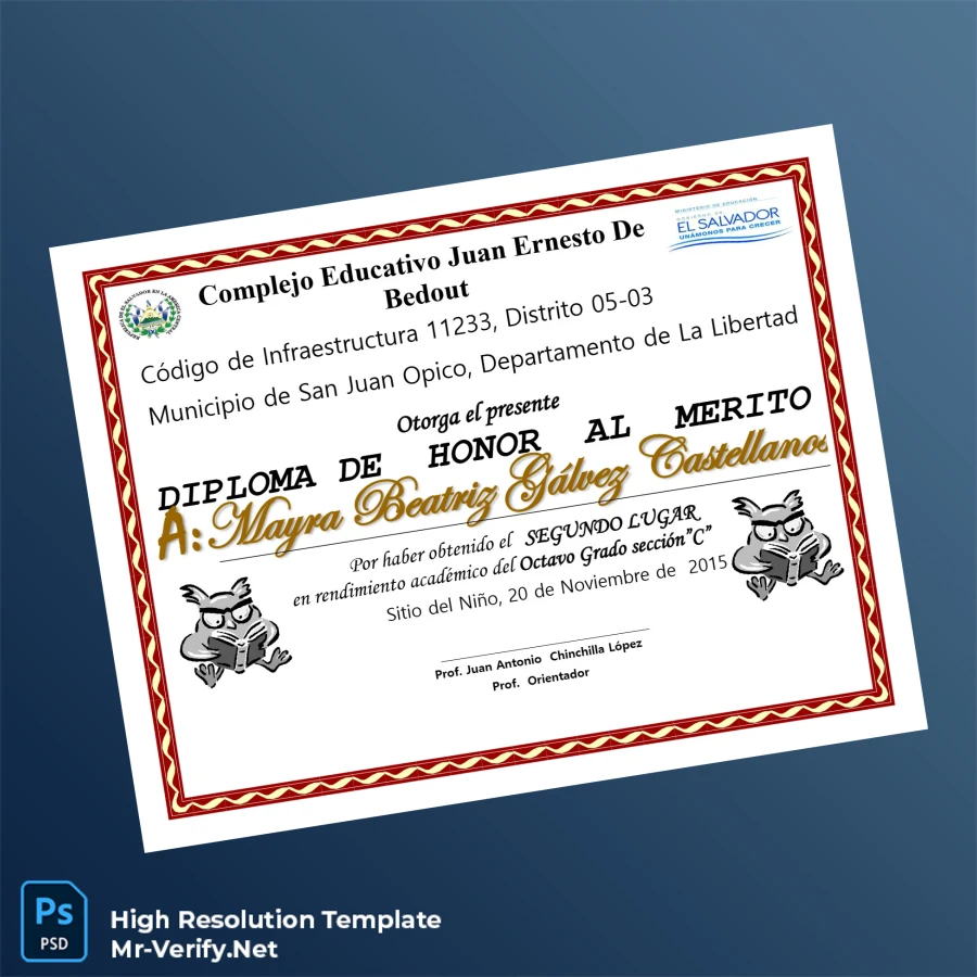 El Salvador Complejo Educativo Juan Ernesto de Bedout Honor Diploma Template-page2 Printable El Salvador Complejo Educativo Juan Ernesto de Bedout Honor Diploma Template page 2 Image Preview - PrintDocs