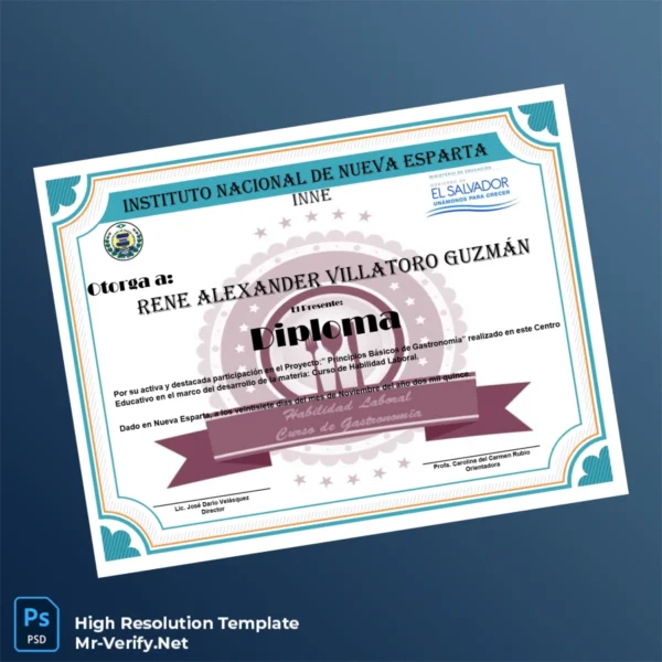 El Salvador Instituto Nacional de Nueva Esparta Diploma in Gastronomy Template Printable El Salvador Instituto Nacional de Nueva Esparta Diploma in Gastronomy Template Image Preview - PrintDocs