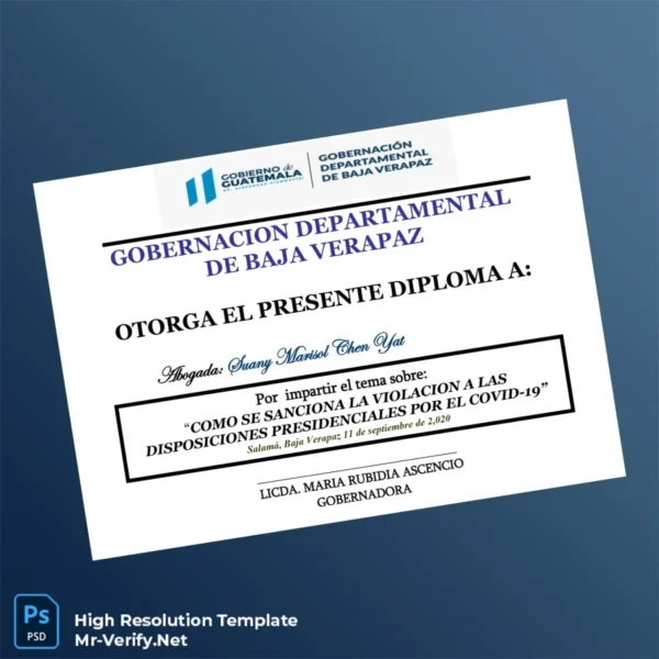Printable Guatemala Gobernación Departamental de Baja Verapaz Diploma for Conference on COVID-19 Sanctions Image Preview - PrintDocs