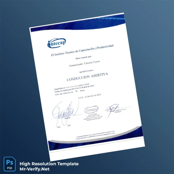 Guatemala INTECAP Course Completion Certificate in Assertive Driving Printable Guatemala INTECAP Course Completion Certificate in Assertive Driving Image Preview - PrintDocs
