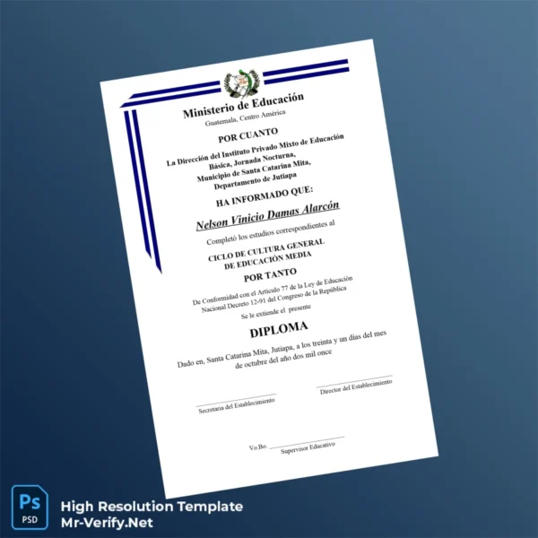 Printable Guatemala Instituto Privado Mixto de Educación Básica High School Diploma Template Image Preview - PrintDocs
