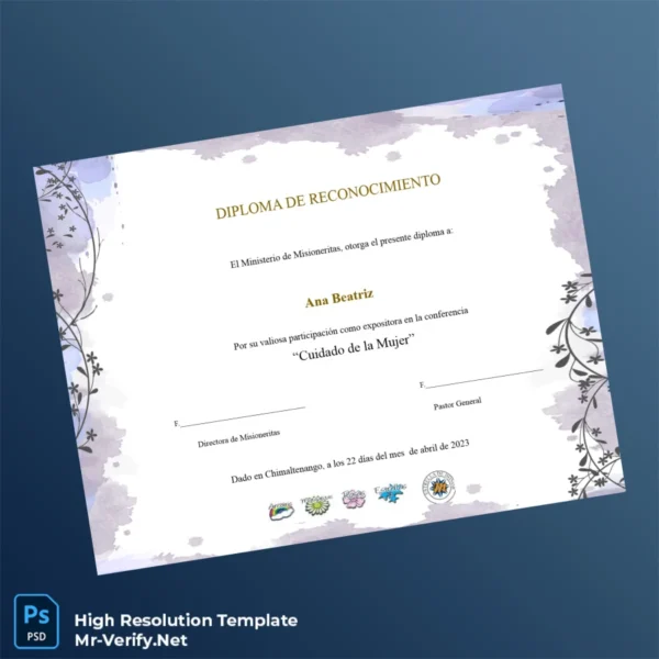 Printable Guatemala Ministerio de Misioneritas Recognition Diploma Template Image Preview - PrintDocs