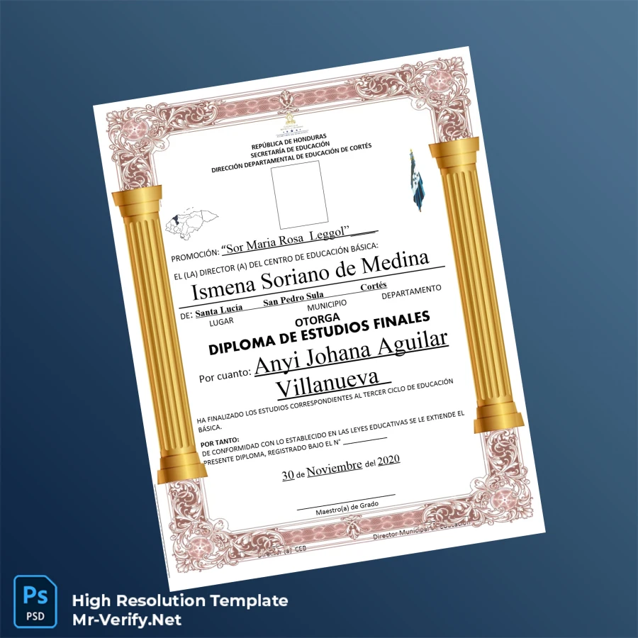 Honduras Centro de Educación Básica Sor Maria Rosa Leggol Diploma of Final Studies Printable Honduras Centro de Educación Básica Sor Maria Rosa Leggol Diploma of Final Studies Image Preview - PrintDocs