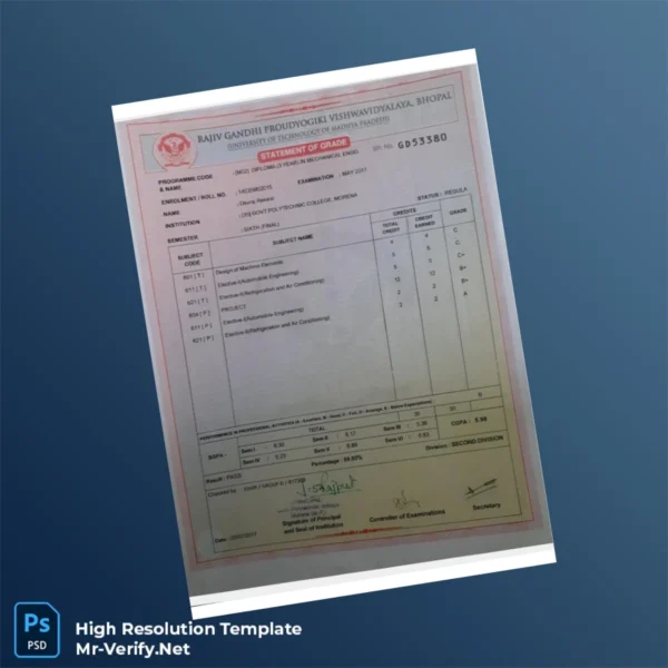 Printable India Government Polytechnic College Morena Diploma in Mechanical Engineering Template Image Preview - PrintDocs