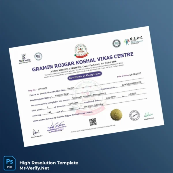 Printable India Gramin Rojgar Koshal Vikas Centre Diploma in Hospitality Management Template Image Preview - PrintDocs