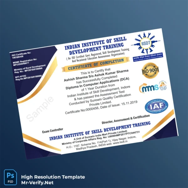 Printable India Indian Institute of Skill Development Training Diploma in Computer Applications Image Preview - PrintDocs