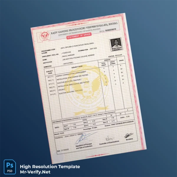 Printable India Rajiv Gandhi Proudyogiki Vishwavidyalaya Diploma in Electrical Engineering Template Image Preview - PrintDocs