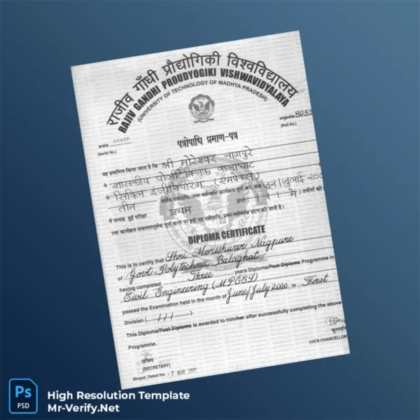 Printable India Rajiv Gandhi Technical University Diploma in Civil Engineering Template Image Preview - PrintDocs